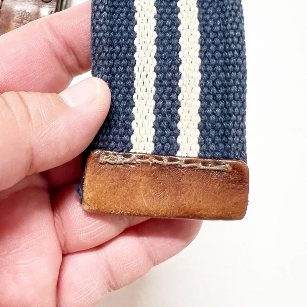 Timberland Mens Vintage White Navy Striped Canvas Grommet Detail Leather Belt